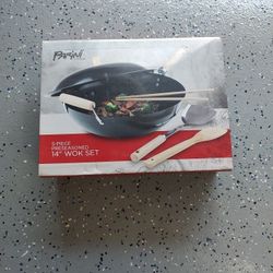 5 PIECE PRESEASONED 14 INCH WOK SET