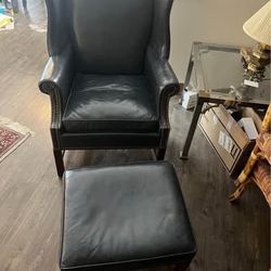 Vintage Cobalt Blue Leather Wingback Chair + Ottaman