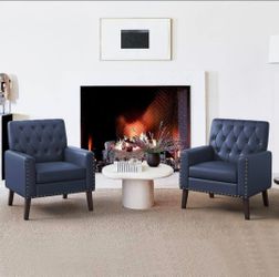 2 Navy Blue PU Faux Leather Accent Arm Chair Comfy Living Room Chairs for Bedrooms