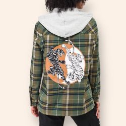 Empyre Empyre Plaid Holly Yin Yang Green & Grey Hooded Flannel Shirt, Size XS, MSRP $60