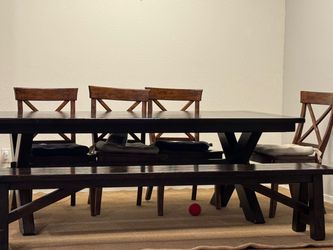 Pottery barn solid wood dining table, 4 chairs and bench