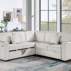 Beautiful ‼️ Sectional Sofa With  Pull-out Bed & Storage Ivory Corduroy 