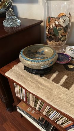Chinese cloisonné bowl And Wooden Stand