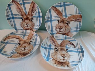 PIER 1 import~Set of 4 HENRY BUNNY Salad Plates 8.75"~EASTER Rabbit Blue Plaid