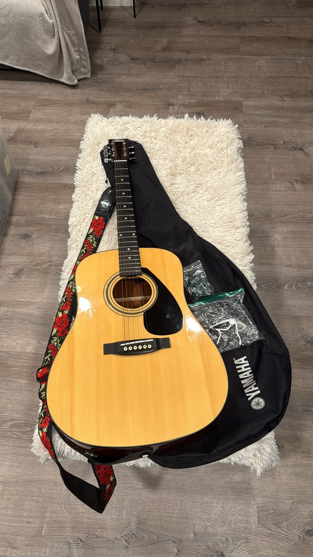 Yamaha Acoustic Guitar FD01S With Rose Strap, Case, Capo, And Pick
