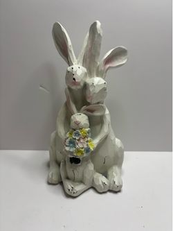 Cracker Barrel Hugging Bunny Family Wood Look Figurine