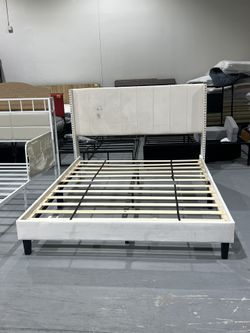 (Stains) New Beige Velvet Upholstered Bed Frame, Vertical Channel Tufted Headboard, Queen 46.3'' H X 65.4'' W X 86.6'' L