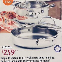 Princess House Set De Sartén De 11” Y Olla De 6 Qts Tri-ply Nuevas En Sus Cajas 