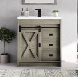 30" Bathroom Vanity with Sink, 2 Drawers & Sliding Barn Door Cabinet, Grey
Farmhouse Bathroom Cabinet with Sink, Integrated Ceramic Sink, Freestanding