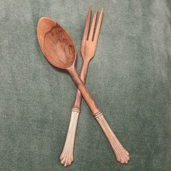 Antique Stieff Homewood Salad Fork & Spoon Serving Set, Wood & Sterling Silver