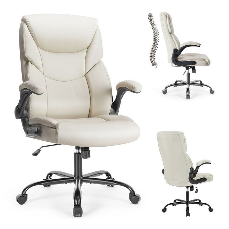 Ergonomic Executive Computer Desk Chairs with Adjustable Flip-up Armrest, Swivel Task Chair with Lumbar Support, Strong Metal Base, PU Leather, Whi