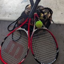 Two Wilson Tennis Rackets With 20+  Tennis Balls and Bag