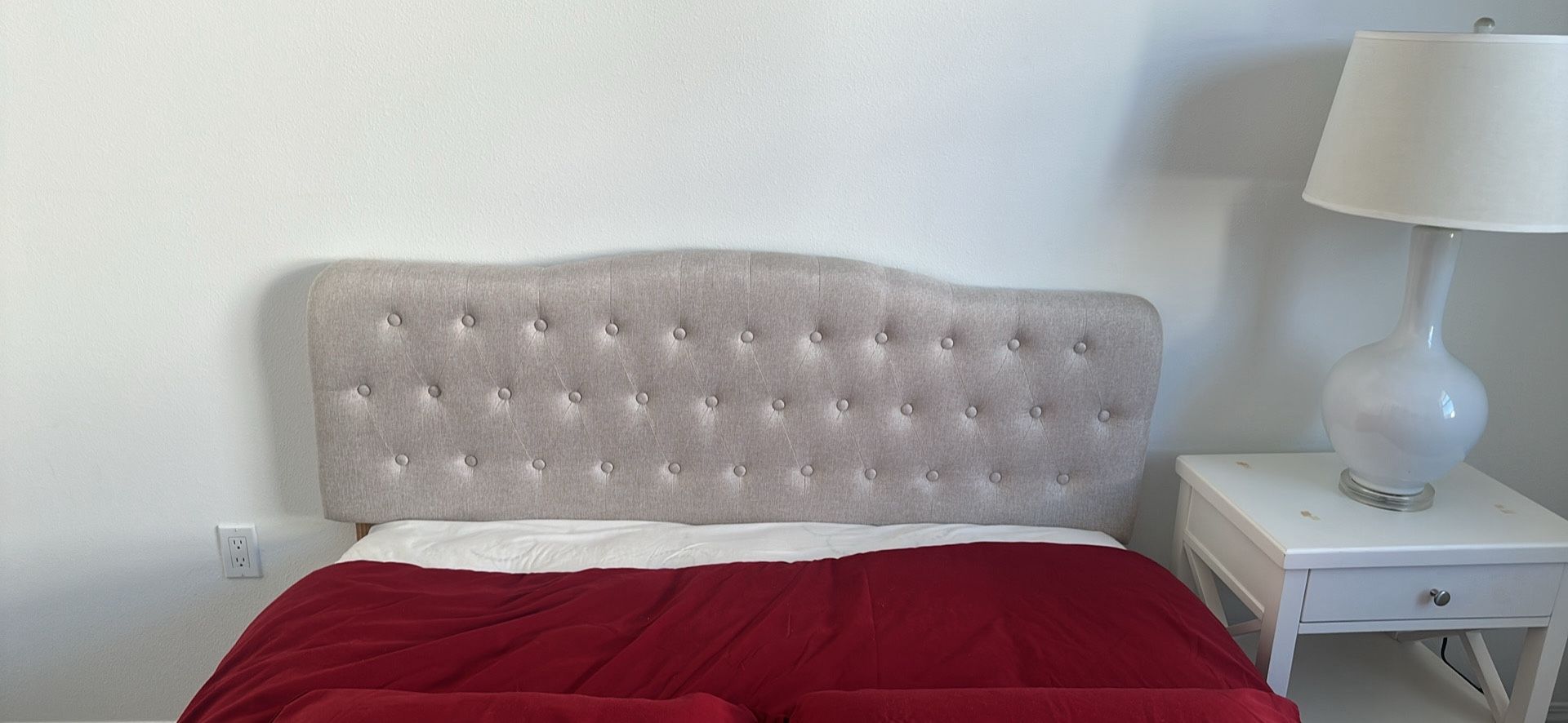 Queen bed tufted headboard beige tan