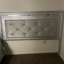 King Size Glam Upholstered Headboard – Silver/Mirrored Frame
