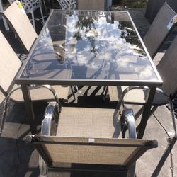 Outdoor Patio Tempered Frosted Glass NEW Table With 6 Outdoor Patio Aluminum Stackable NEW Chairs 