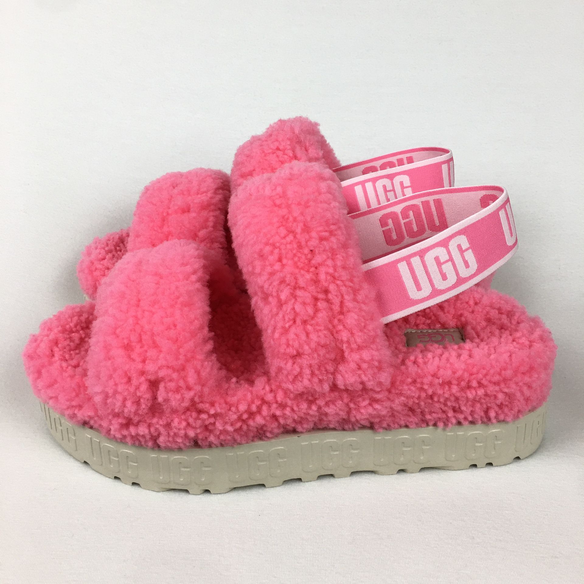 UGG Soft Oh Fluffita Slide Slippers Sheepskin Sandal Pink Rose Women’s sz 8, 9