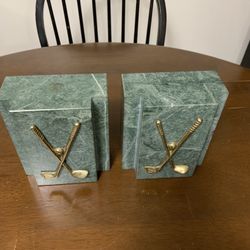 Solid  Vintage Marble Book Ends With Brass Golf Clubs & Balls