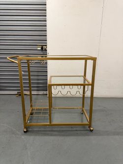 Gold 3-Tier Rolling Bar Cart with Glass Shelves & Wine Storage