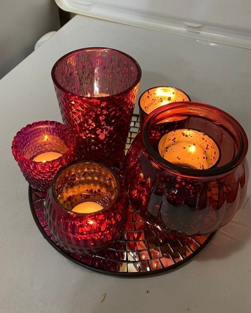 Gorgeous Dark pink iridescent candle setup using recycled/reused/2ndlife, glass candle holders & mirrored tray.