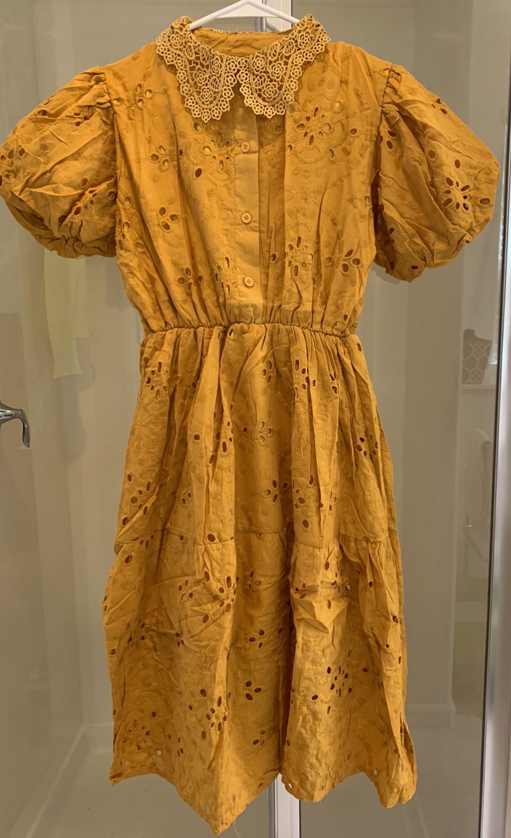 Yellow Gold Lace Close Neckline Puff Sleeve Elastic Waist W/ Lining Eyelet Dress