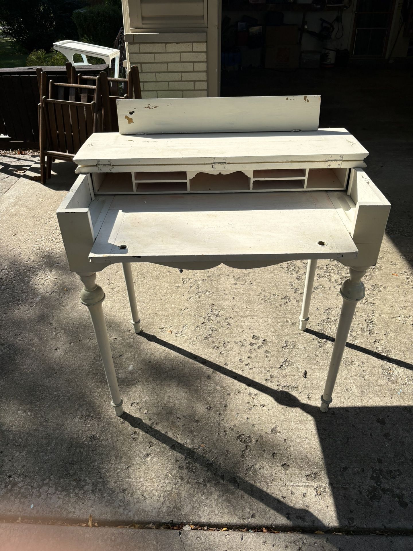 Antique white vanity make up desk Vintage secretary desk w/ pull out writing table & 7 cubbies Very sturdy