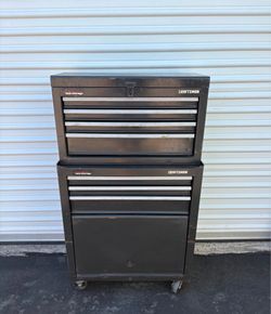 Craftsman 2-Piece Tool Storage set consisting of a black rolling cabinet and a top tool chest.