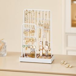 Jewelry Holder, Jewelry Organizer, Jewelry Display Stand with Metal Frame, Velvet Tray, Necklace Earring Bracelet Holder, for Studs, Rings, Gift Idea,