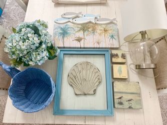 Coastal Beach decor pictures, wicker basket, lamp, florals prices shown in last picture