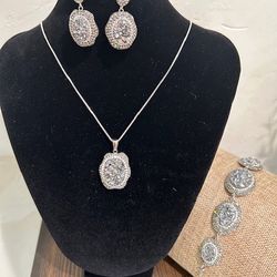 New, Firm, 4-piece Druzy set in sterling silver including earrings, pendant with an 18-in SS Chain and an 8inch; Bracelet