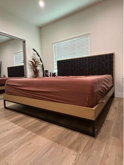 Modern Wood and Metal Platform Bed with Geometric Inlay Headboard