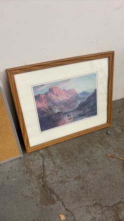 Framed Mountain Landscape Art – Oak Wood Frame