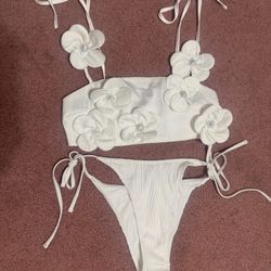New Medium White Floral Bikini Crop Top Festival Rave Boho Outfit Top 