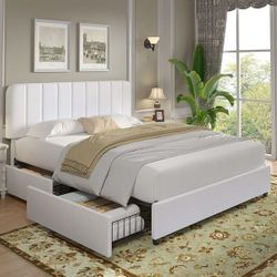 Upholstered Bed White Metal Frame Queen Size Platform Bed with 4-Storage Drawers and Headboard, Wooden Slats Support Brand new, still in the box 💲185