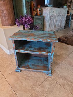 Solid wood teal rustic side table