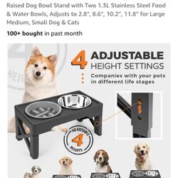 Elevated Dog Bowls with Slow Feeder, 4 Adjustable Heights Raised Dog Bowl Stand with Two 1.3L Stainless Steel Food & Water Bowls, Adjusts to 2.8", 8.6