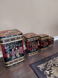 Asian-Themed Decorative Metal Tin Canister Set of 4 vintage
