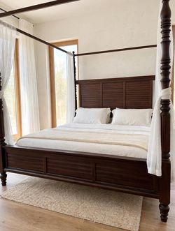 King Size Dark Wood Four Poster Canopy Bed - Solid Wood Louvered