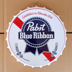 Pabst Blue Ribbon Bottle Cap Tin Metal Beer Bar Sign 