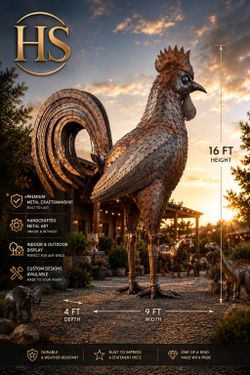 Life-Size 16 FT Giant Metal Rooster Sculpture – Handcrafted Steel Garden Art