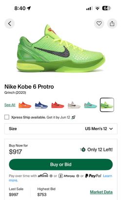 DS Kobe 6 Protro Grinch- Size 12