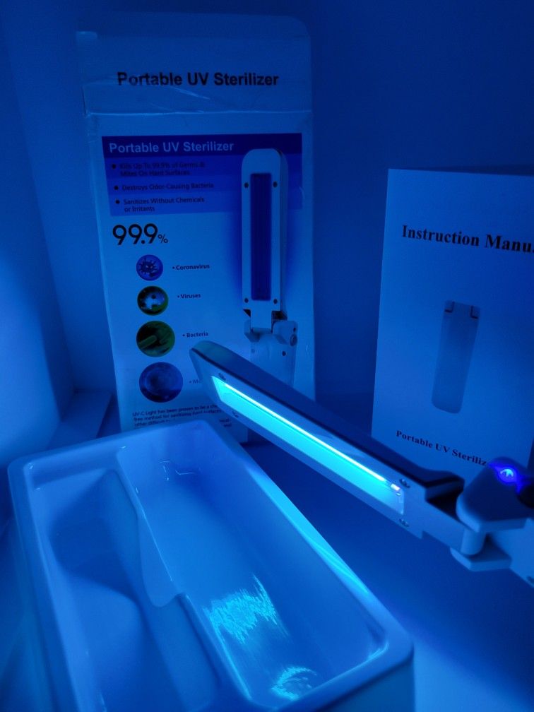PORTABLE UV STERILIZER 99.9%
,PORTABLE UV STERILIZER 99.9%. Kills Up to 99.9% of germs & mites on hard surfaces, Destroys Odor, Sanitizes without che