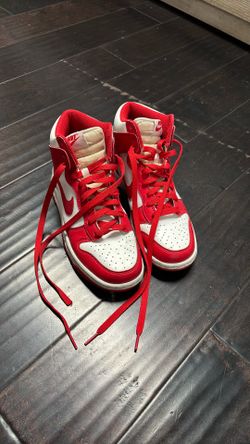Red And White Nike Dunk Highs.