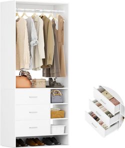 2.5FT Closet System with 3 Drawers, 29.5’’ Closet Organizer, Wood Closet Organizer System, Walk-in Closet or Small Closets Wardrobe, Clothes Rack with