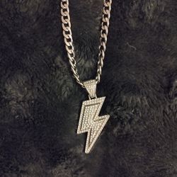 Stainless Steel Cubic Zirconia And Crusted Lightning Bolt On 27" Cuban Link Chain