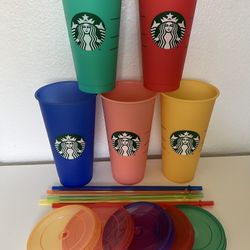 5 Starbucks Cold Drink Cups Straws (24oz.) Colorful Summer Drinks Plastic Travel