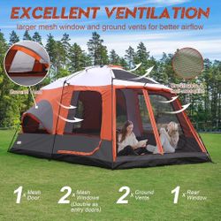8–10Person Family Camping Tent, Large Space, Mesh Windows & Ground Vents