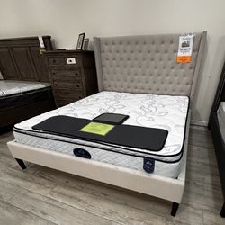 Beige Platform Bedframe With Wingback