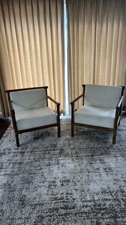 Pair of World Market Bamboo Frame White Upholstered Armchairs x 2