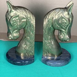 Vintage Brass Metal Horse Head Bust Statues Marble Base Set 2 Bookends Book Ends