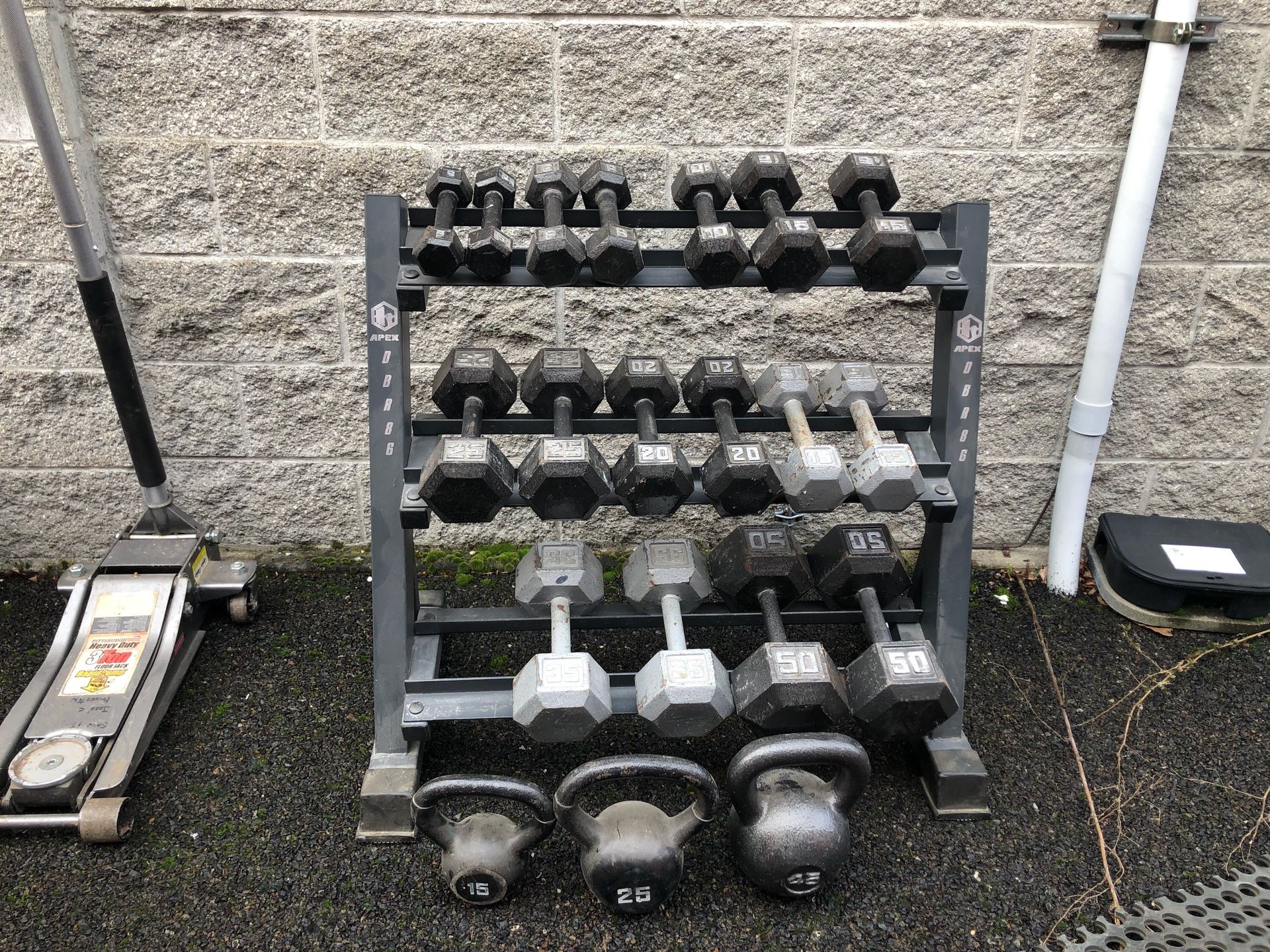 Dumbbells, kettlebells with rack